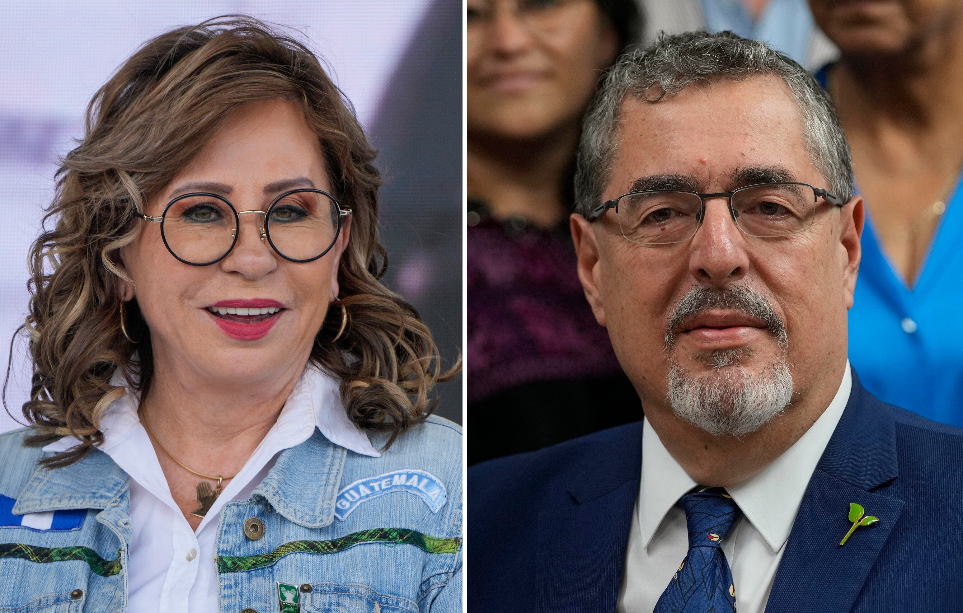 Sandra Torres, Unidad Nacional de la Esperanza, UNE, candidata presidencial, en Ciudad de Guatemala, el 18 de agosto de 2023, y Bernardo Arévalo, candidato presidencial del Movimiento Semilla
