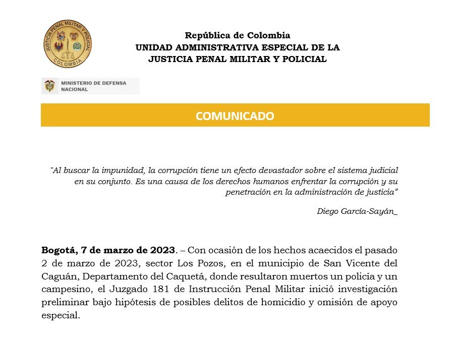 Justicia Penal Militar investiga falta de apoyo tras secuestro de policías en Caquetá