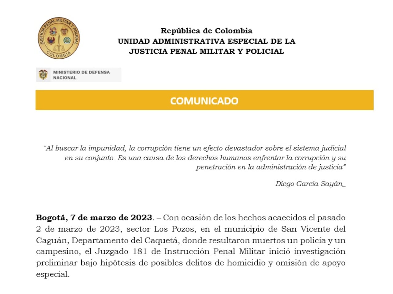 Justicia Penal Militar investiga falta de apoyo tras secuestro de policías en Caquetá
