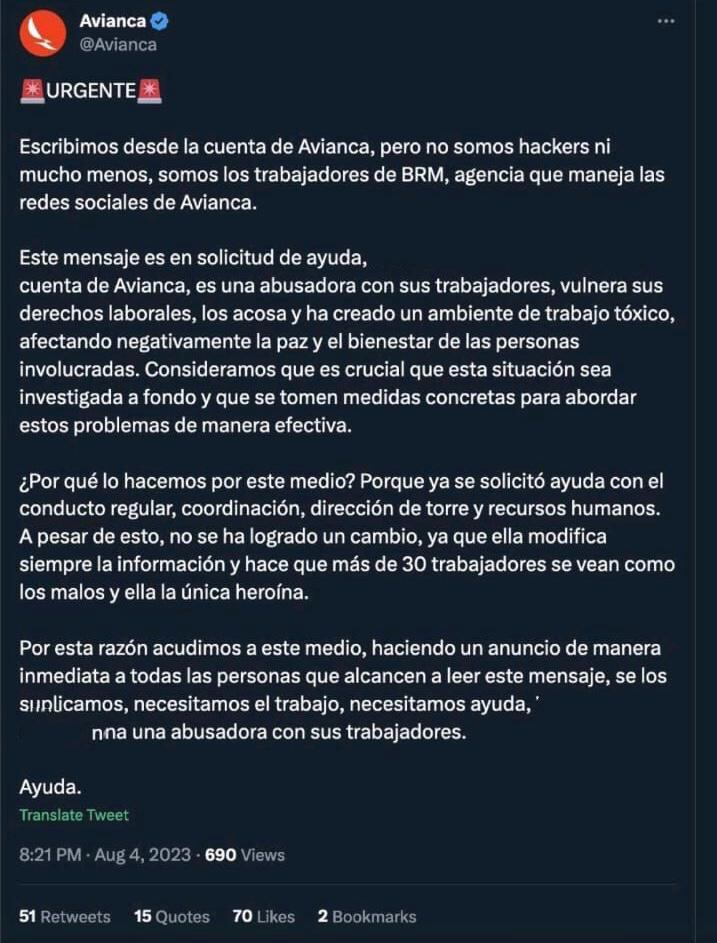 Publicación del trino eliminado en la cuenta de Avianca.