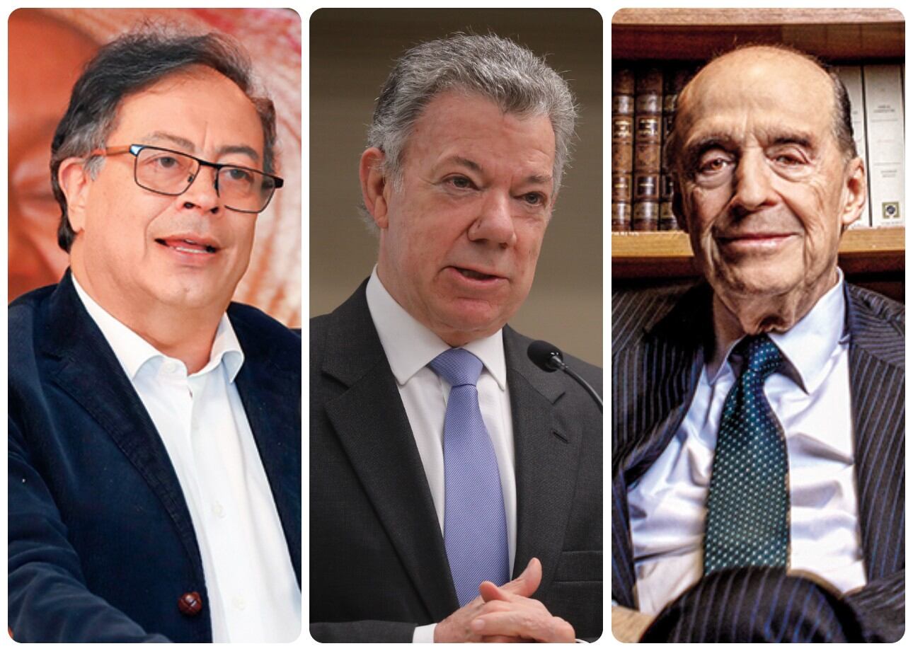 El presidente Gustavo Petro, el expresidente Juan Manuel Santos y el excanciller Álvaro Leyva.