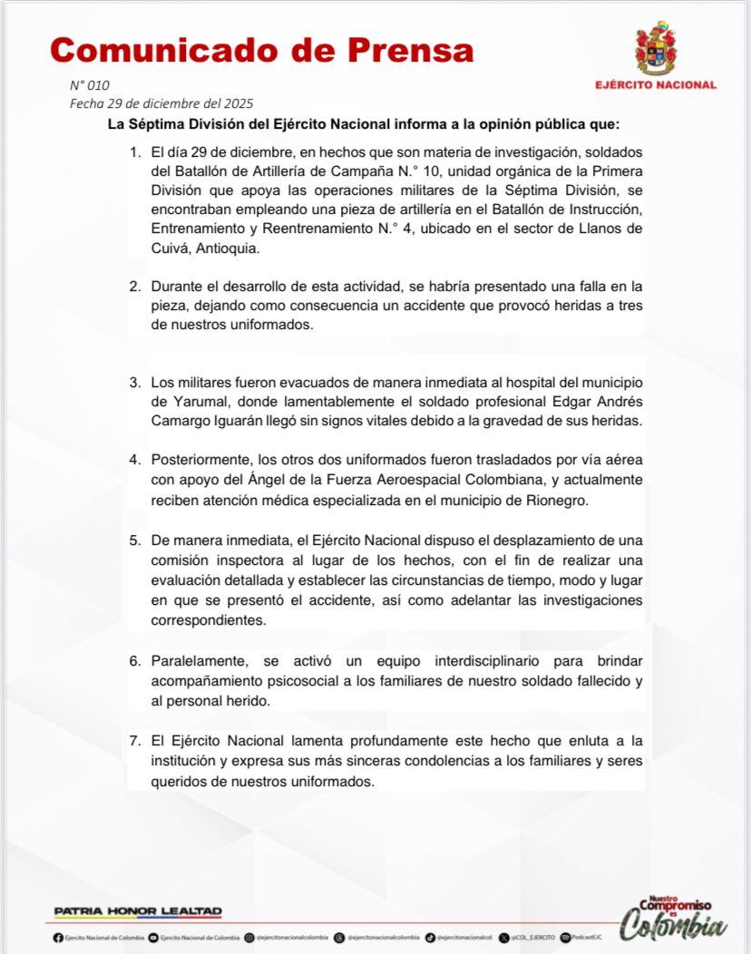 Trágico accidente en entrenamiento militar cobra la vida de un soldado en Yarumal, Antioquia. Comunicado oficial del Ejército Nacional