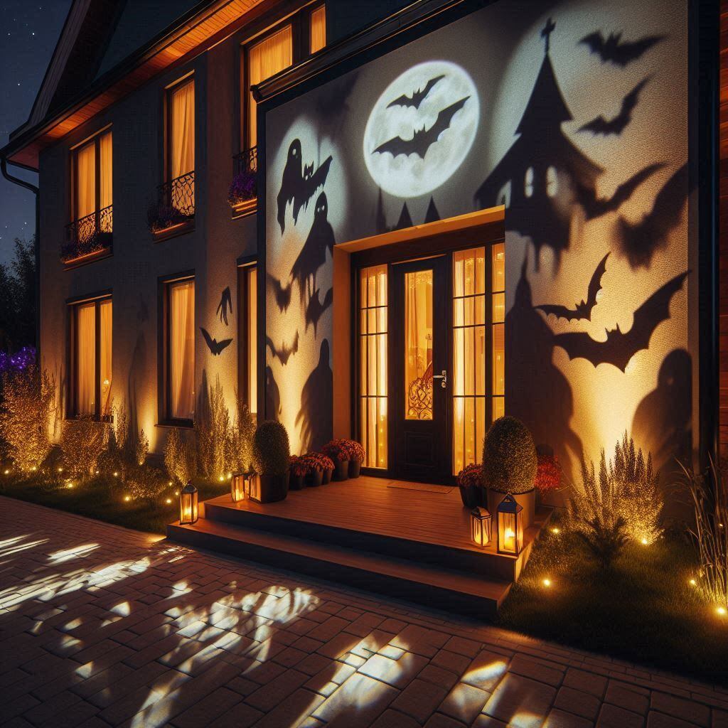 Para una entrada de Halloween única, la IA sugiere el uso de tecnología de iluminación y sombras animadas que brindan una atmósfera de misterio desde el primer momento.