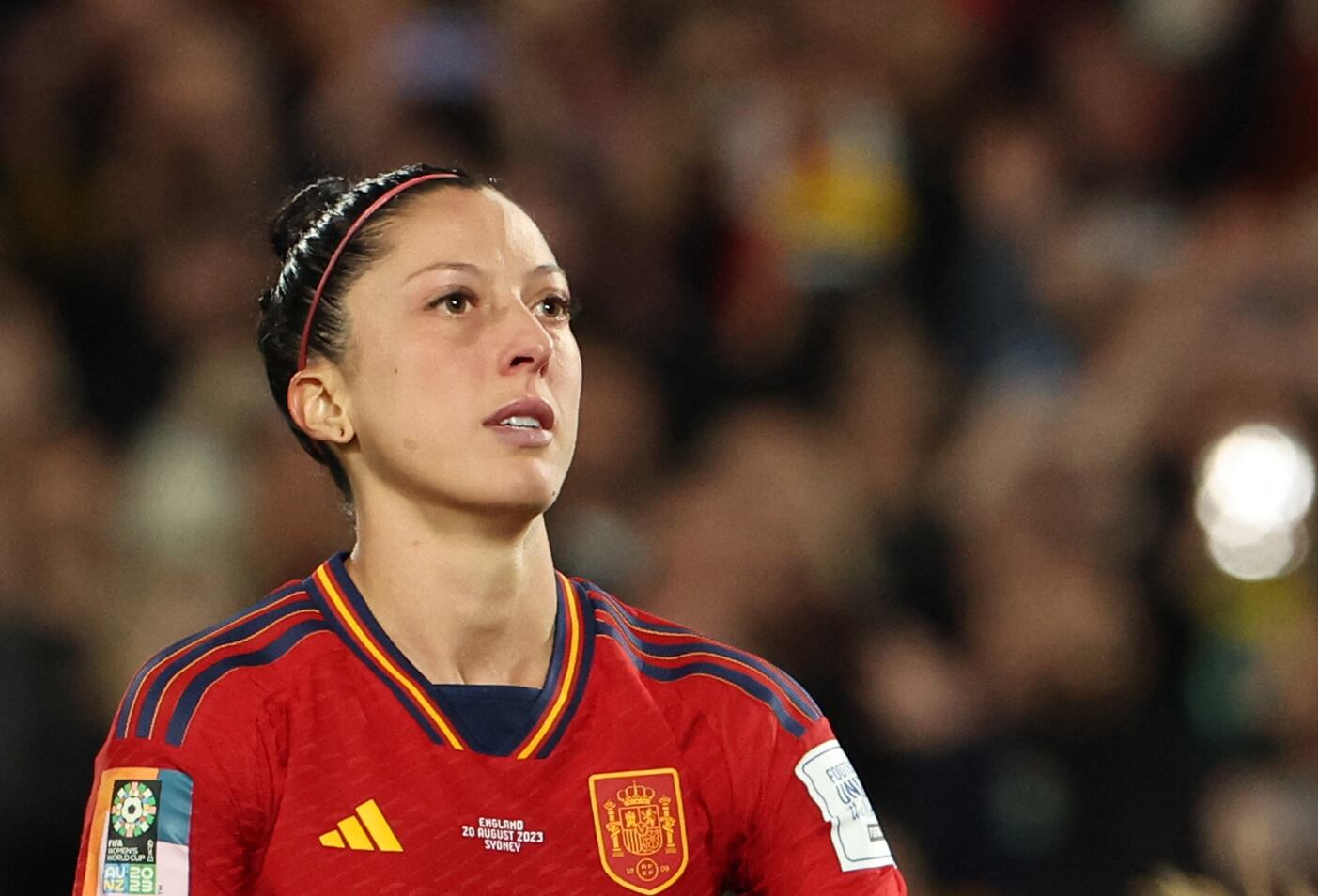 (FILES) Spain's midfielder #10 Jennifer Hermoso reacts after failing to score a penalty shot during the Australia and New Zealand 2023 Women's World Cup final football match between Spain and England at Stadium Australia in Sydney on August 20, 2023. Spanish player Jenni Hermoso has filed a criminal complaint over the kiss suspended football chief Luis Rubiales gave her on the mouth at the Women's World Cup final, a source at Spain's public prosecutors office said on September 6. (Photo by STEVE CHRISTO / AFP)