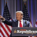 El presidente electo Donald Trump al llegar a un encuentro con legisladores republicanos en Washington el 13 de noviembre del 2024. (AP foto/Alex Brandon)