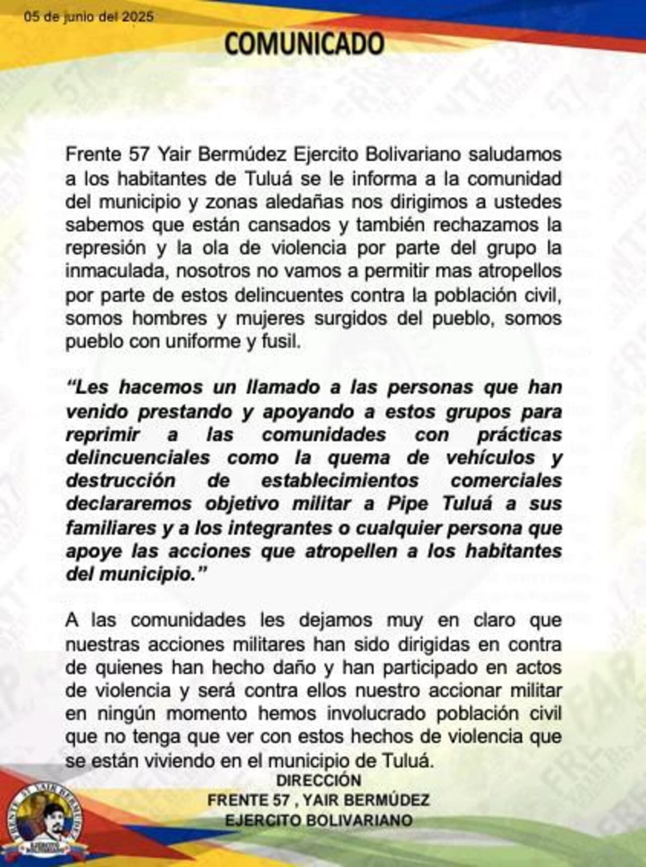 Frente 57 ‘Yair Bermúdez’, una facción de las disidencias de las Farc bajo el mando de ‘Iván Mordisco’.
