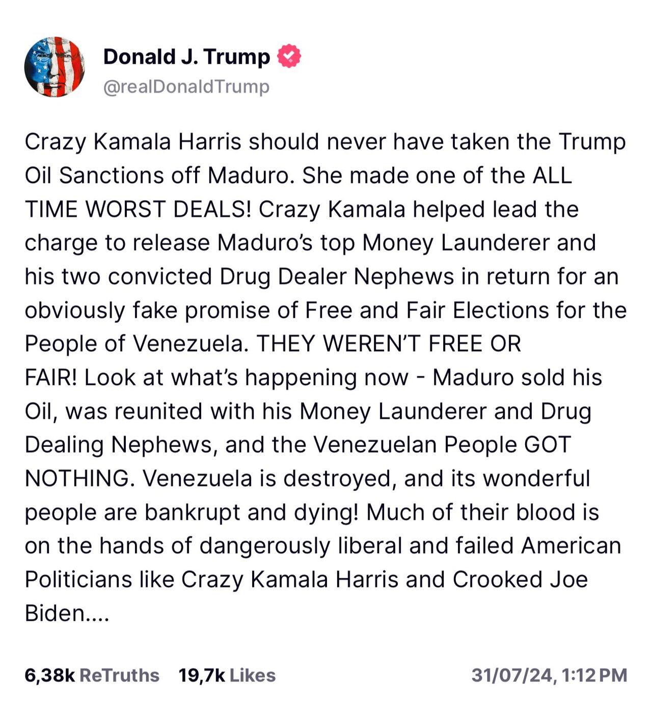 El exmandatario se refirió a su opositora en las urnas a través de su cuenta de Truth