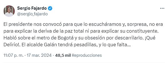 Publicación de Sergio Fajardo en su cuenta de X.