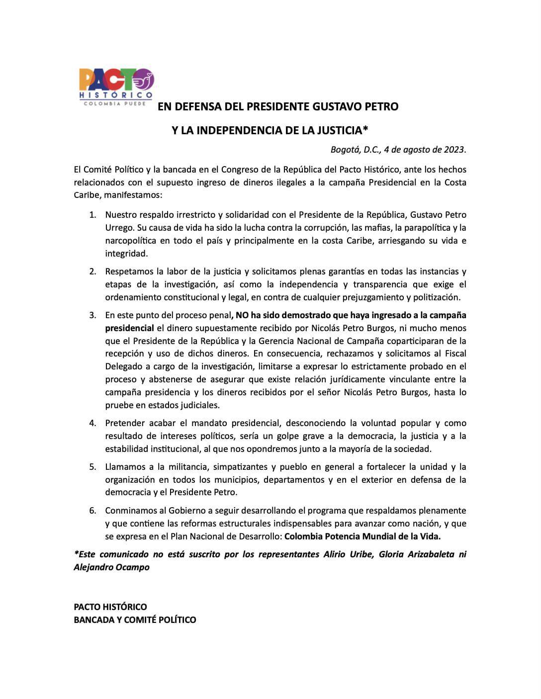 El Pacto Histórico solicitó plenas garantías para el presidente Gustavo Petro durante la investigación.