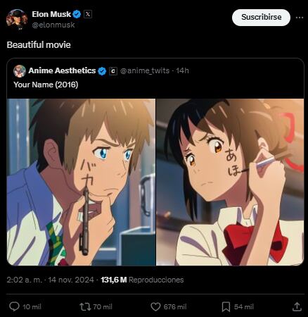 Con un simple comentario, Musk reveló su aprecio por una obra de anime que considera única y “hermosa”.