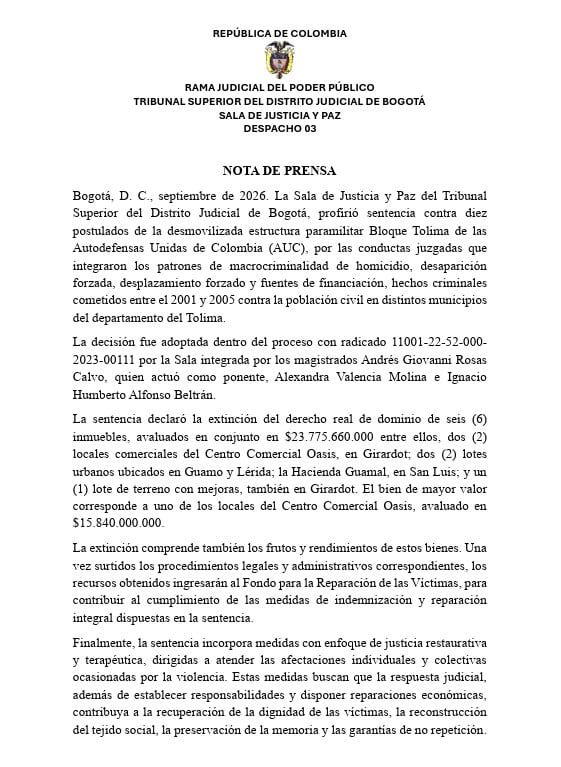 Justicia y Paz emitió fallo contra diez exintegrantes del Bloque Tolima de las AUC.
