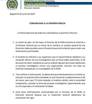 Comunicado de la Policía sobre el caso de Laura Sarabia.