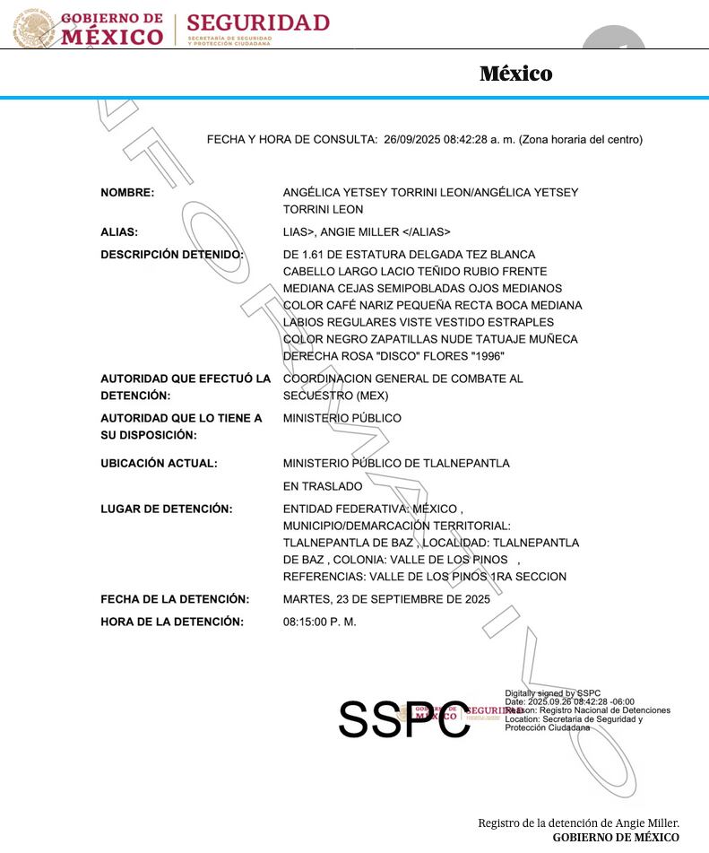 El registro de captura de  Angélica Yetsy Torrini León , “alias Angie Miller”