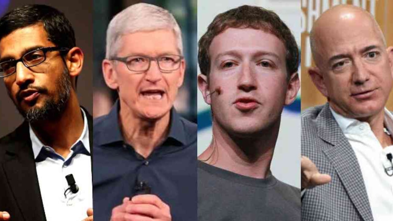 Sundar Pichai, CEO de Google; Tim Cook, CEO de Apple; Mark Zuckerberg, CEO de Facebook; y Jeff Bezos, CEO de Amazon.