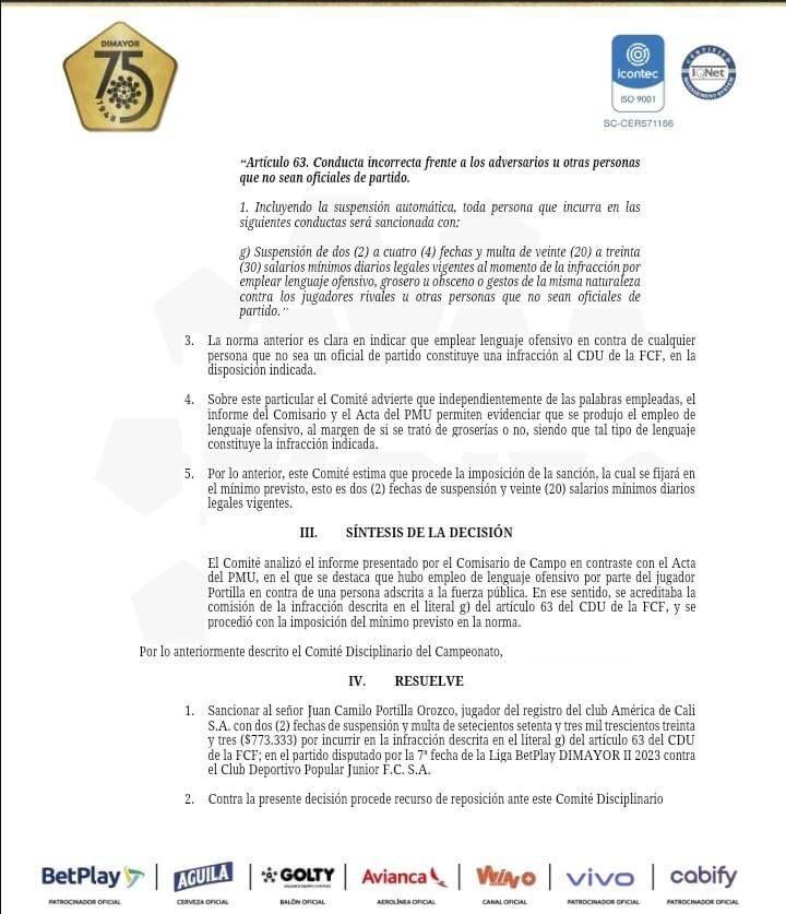 Comunicado Dimayor sobre la sanción a Portilla.