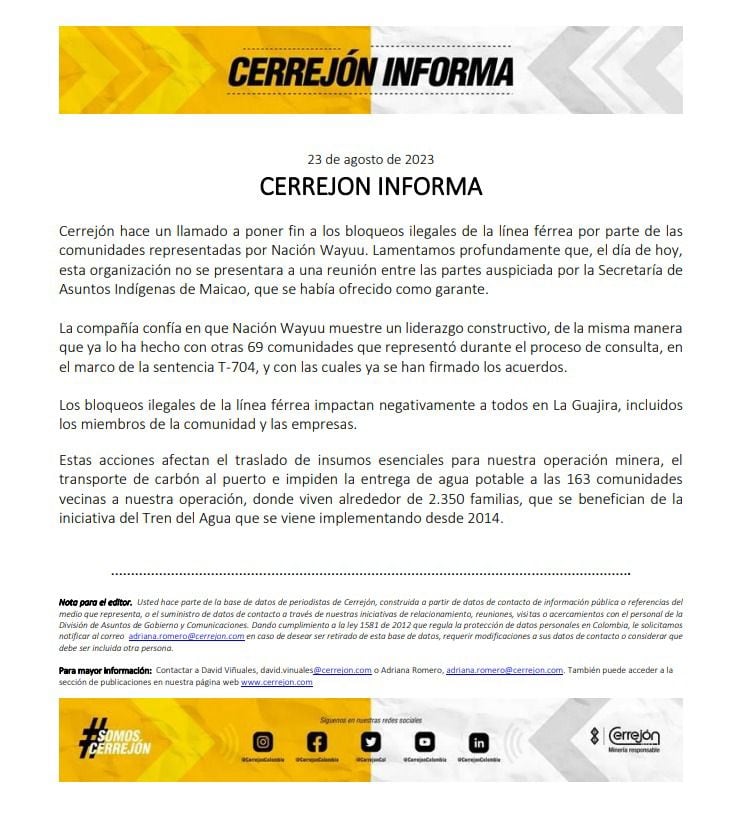 Este es el comunicado emitido por el Cerrejón