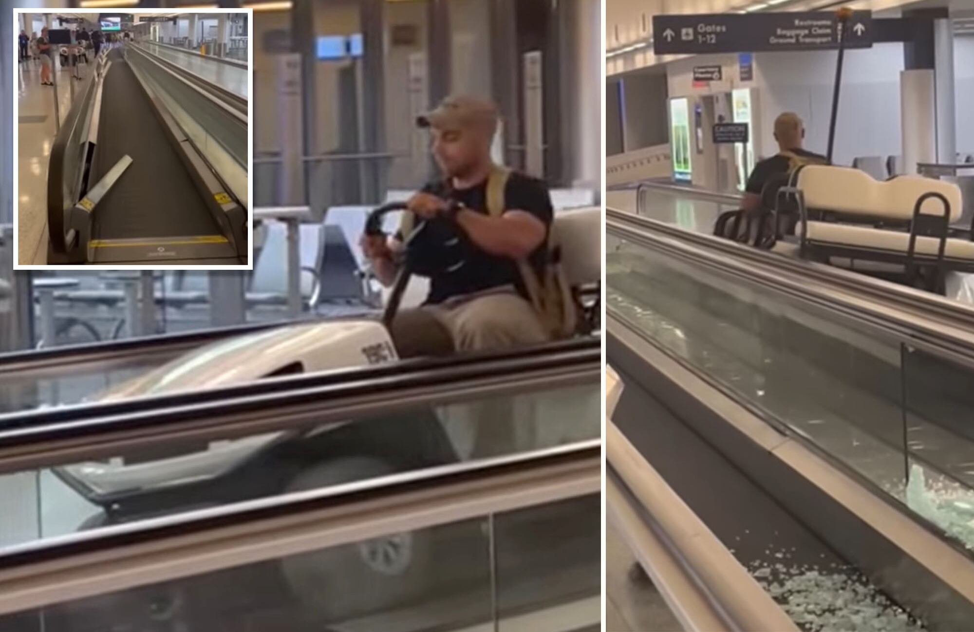 Carrito eléctrico detenido frente a barandas metálicas y vidrios rotos en el aeropuerto de Buffalo