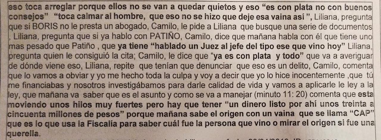 Conversación de Camilo Pinzón sobre un supuesto soborno.
