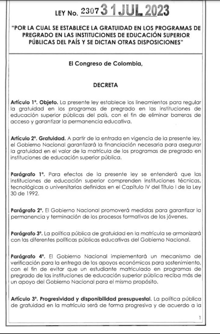 Ley para que las matrículas de los pregrados sea gratis.