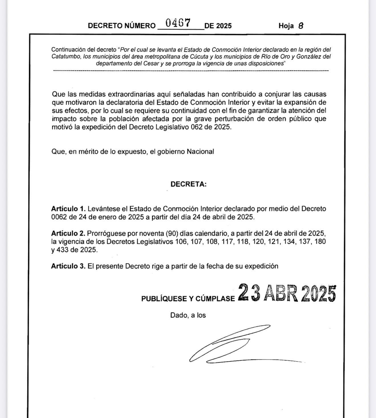 Decreto en el cual el presidente Gustavo Petro levanta la conmoción interior en el Catatumbo
