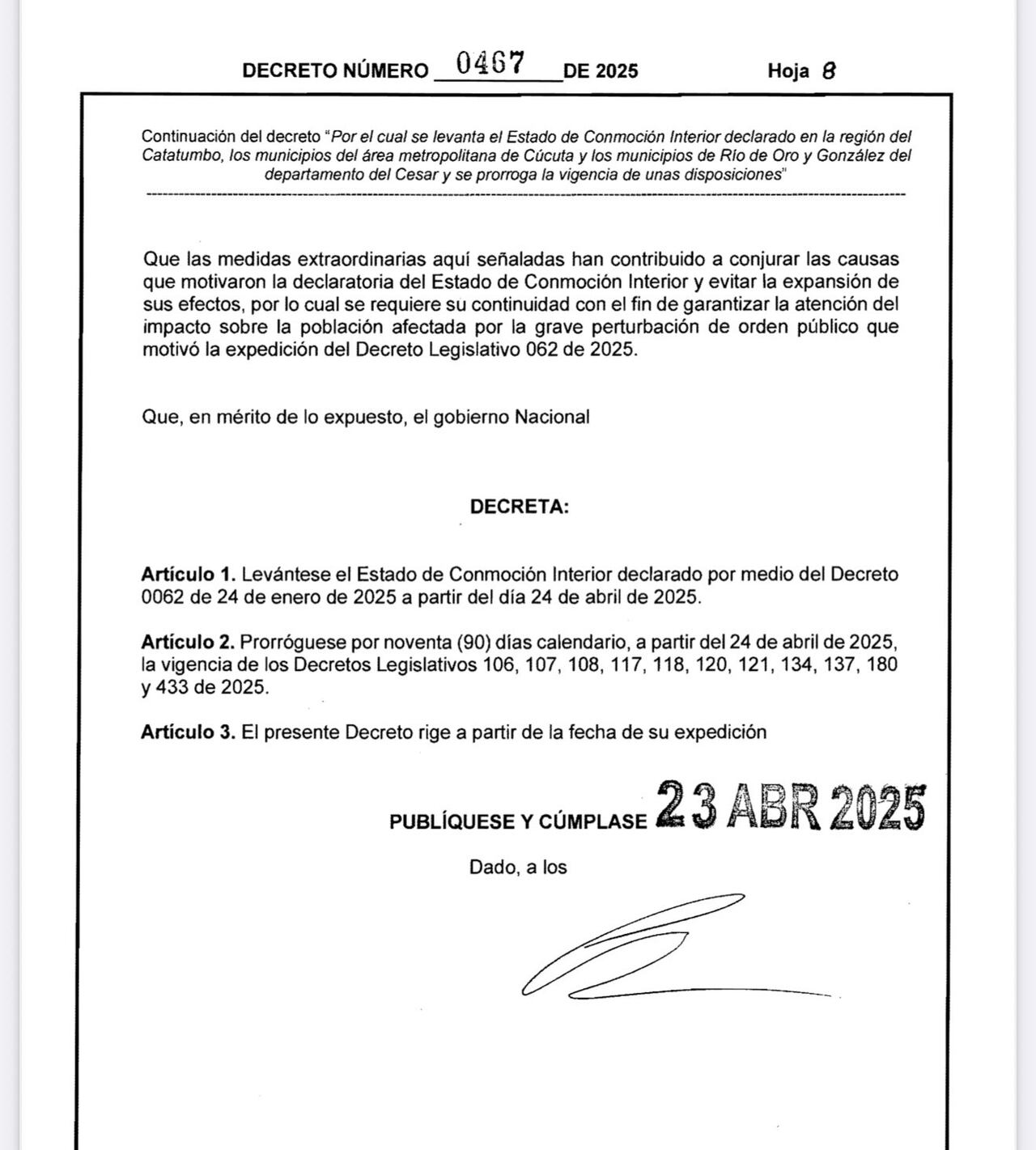 Decreto en el cual el presidente Gustavo Petro levanta la conmoción interior en el Catatumbo