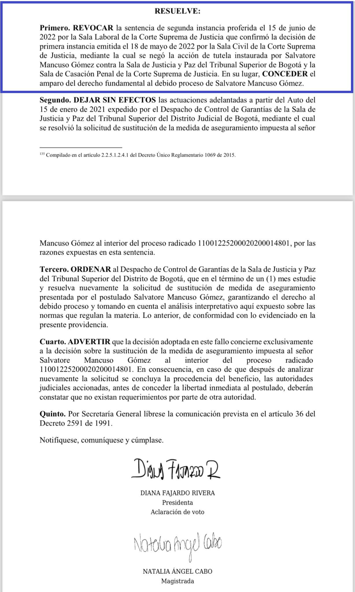 Corte Constitucional ordenó revisar la libertad de seguridad de Salvatore Mancuso.