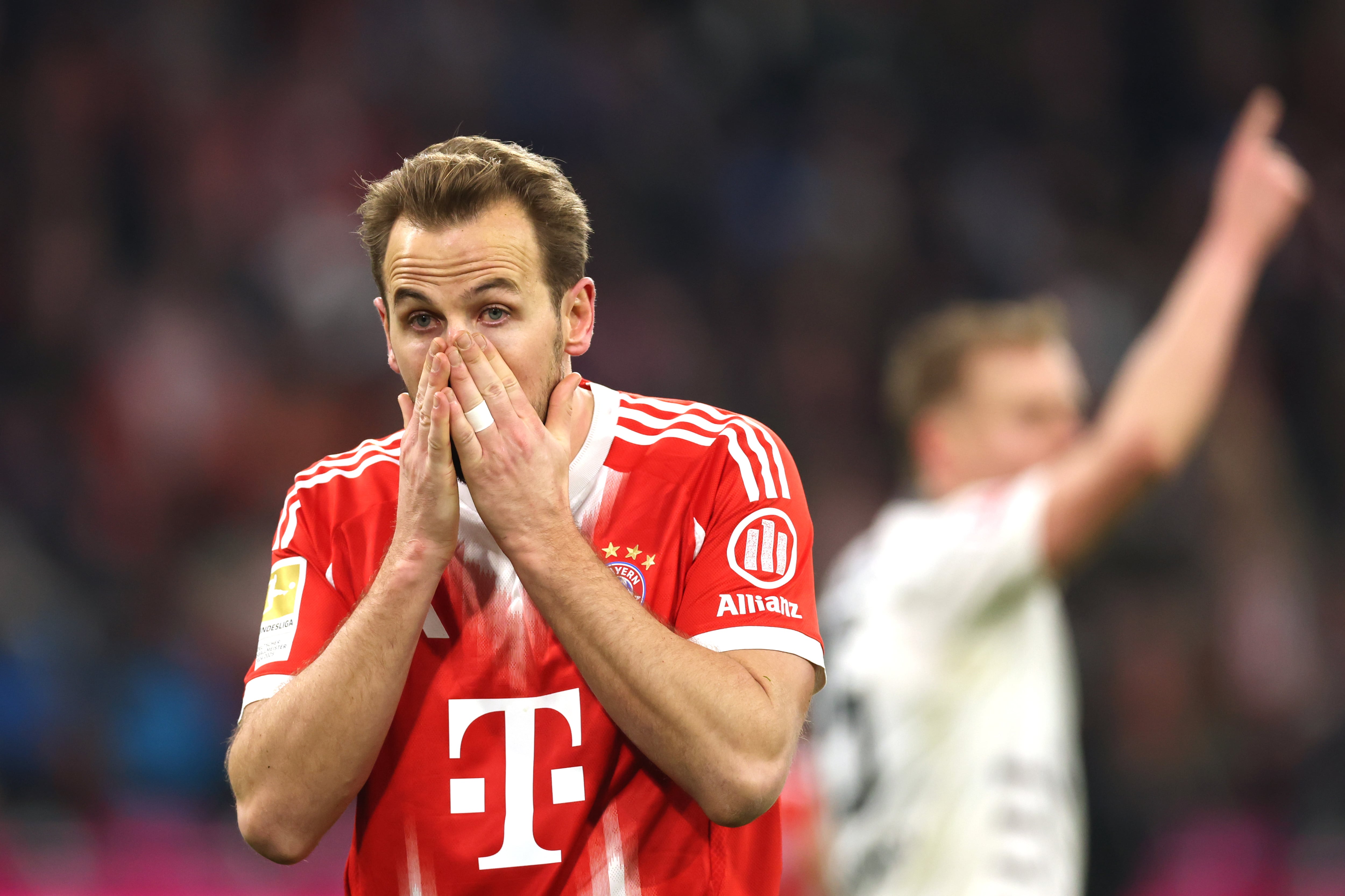 MUNICH, GERMANY - DECEMBER 14: Harry Kane of FC Bayern Munich reacts during the Bundesliga match between FC Bayern München and 1. FSV Mainz 05 at Allianz Arena on December 14, 2025 in Munich, Germany. (Photo by Alexander Hassenstein/Getty Images)