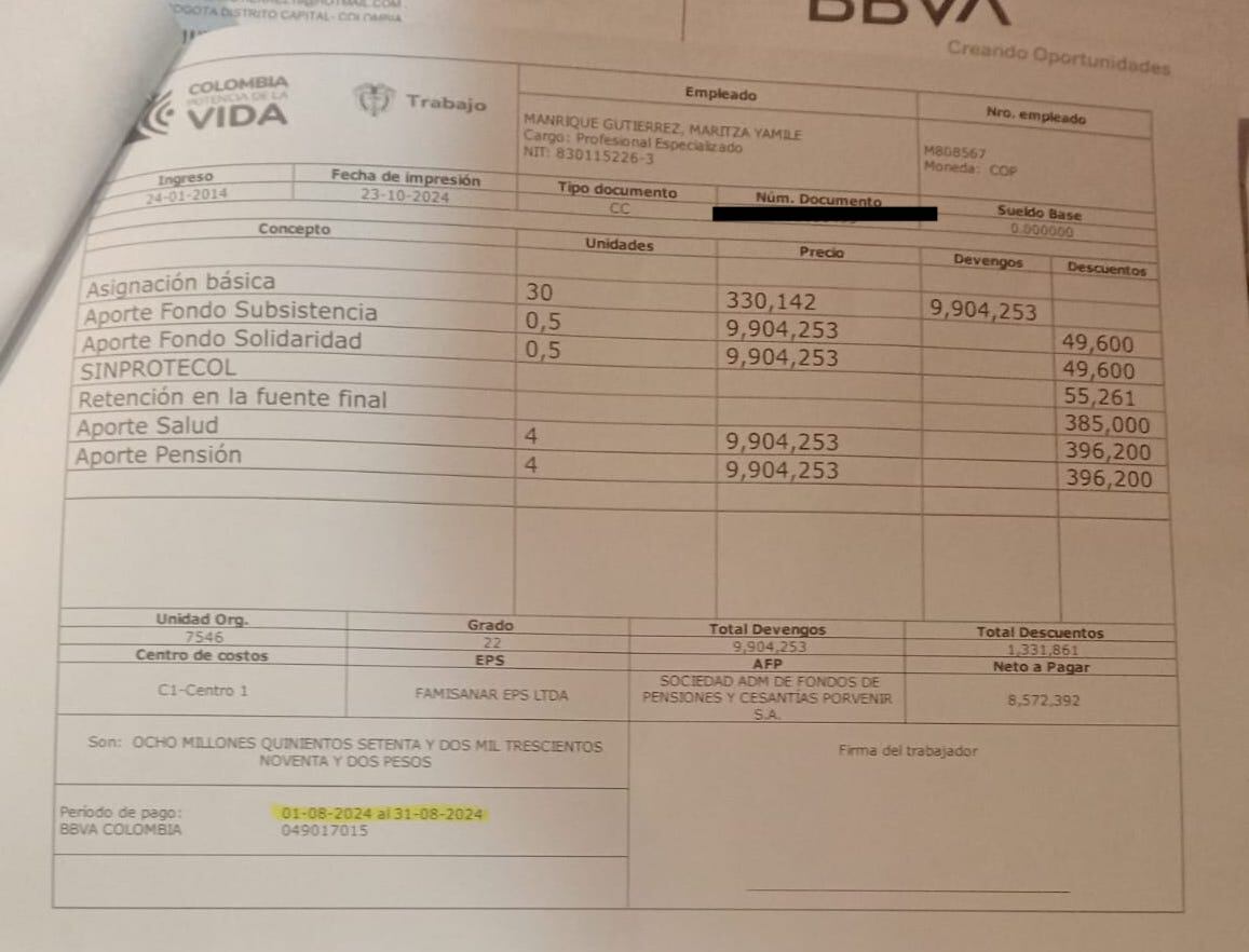 Volante de pago de Maritza Manrique en el Ministerio del Trabajo.