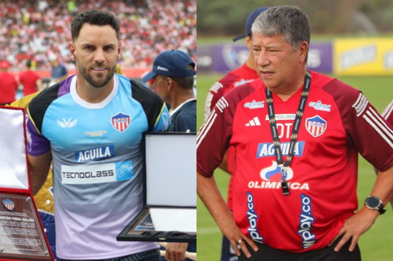 El arquero Sebastián Viera y el técnico de Junior, 'Bolillo' Gómez.