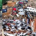 A man stands next to flooded cars piled up in Valencia, Spain, Thursday, Oct. 31, 2024. (AP Photo/Manu Fernandez)