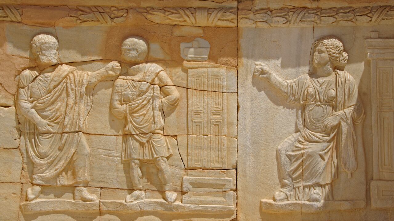 Escena de mimo, Teatro de Sabratha, Libia.