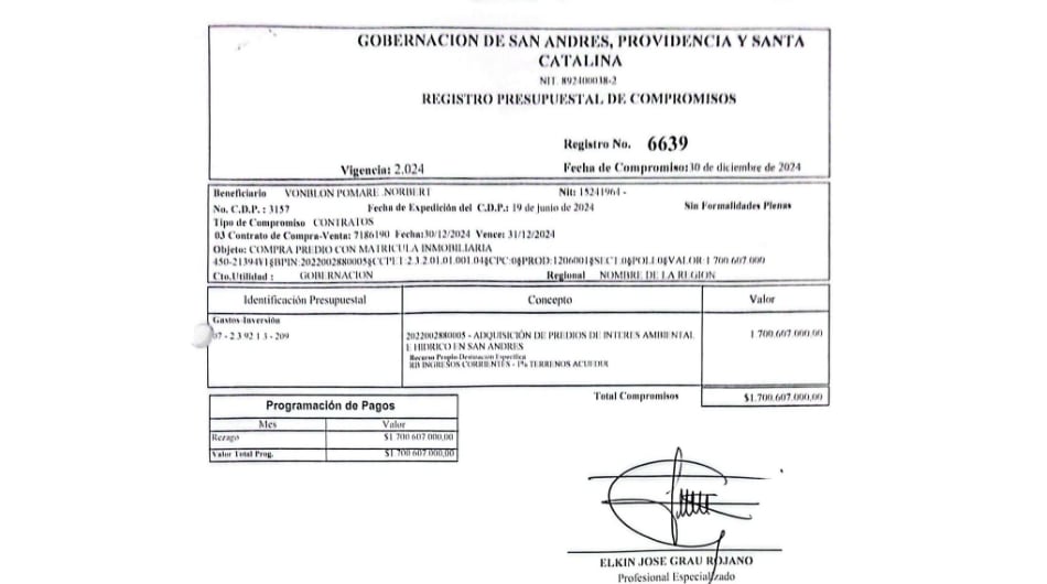 Registro de pago de contrato en San Andrés.