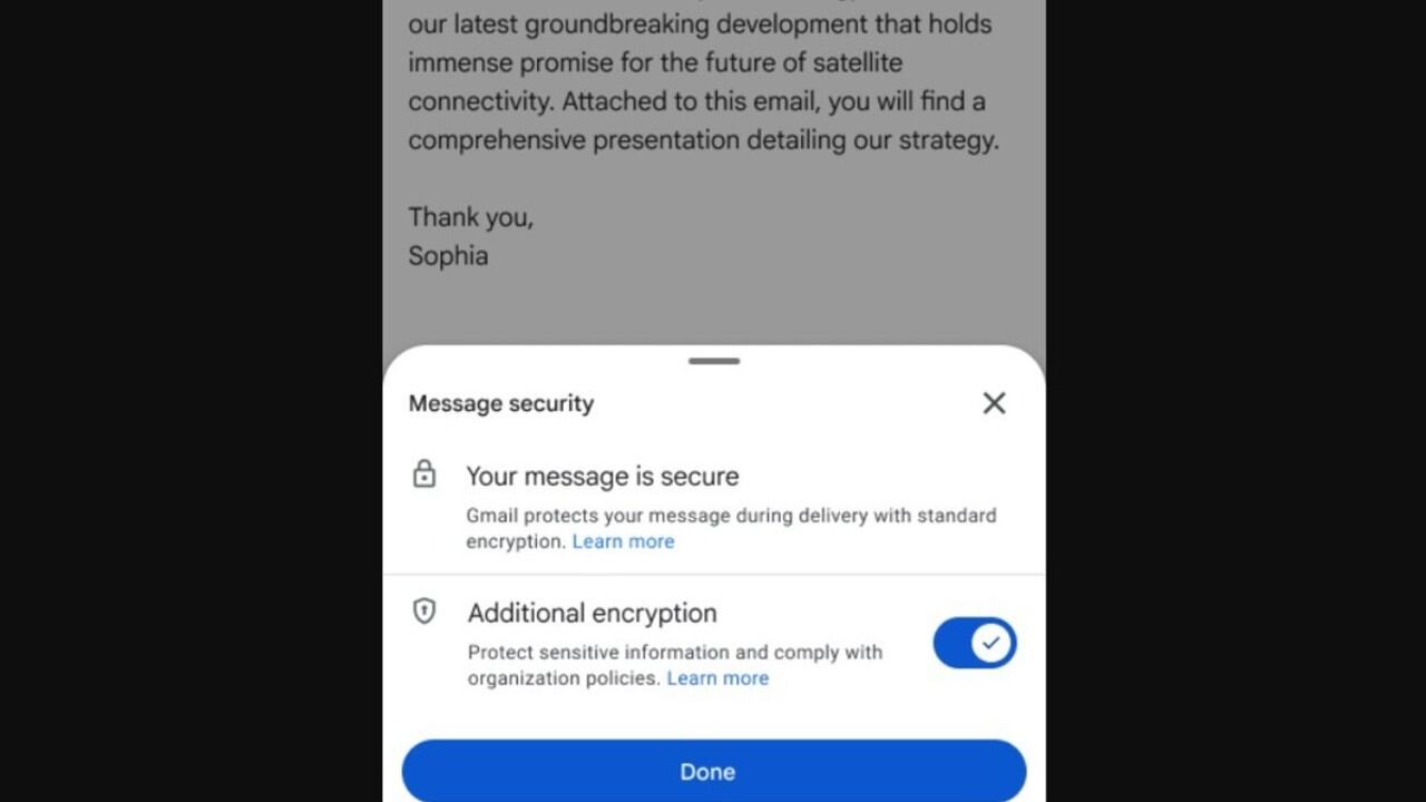 Correo electrónico encriptado en la app de Gmail para móvil.