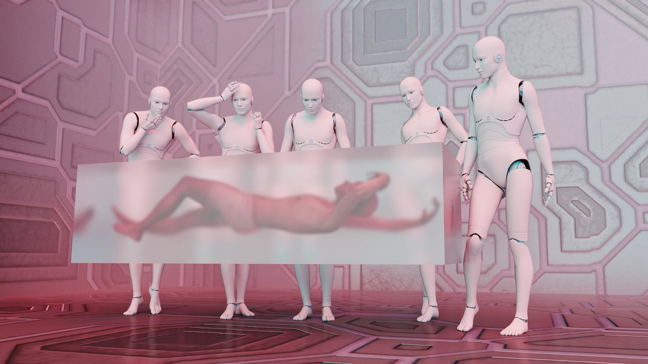 Group of robots look at human figure frozen inside glass cube