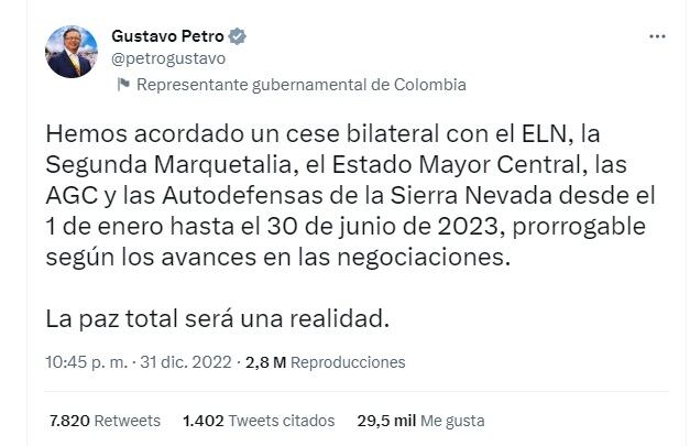 Tuit del presidente Gustavo Petro.