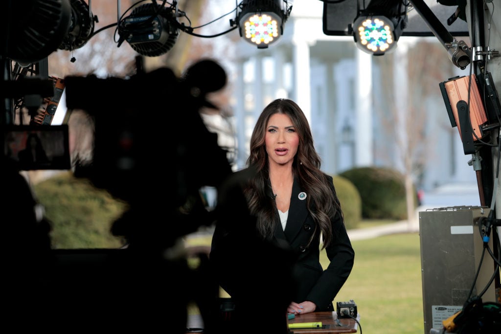 WASHINGTON, DC - MARCH 10: U.S. Department of Homeland Security Secretary Kristi Noem speaks during a TV interview with Fox News outside of the White House on March 10, 2025 in Washington, DC. Noem spoke on recent actions by U.S. Immigration and Customs Enforcement (ICE) and their recent arrest of Mahmoud Khalil, a graduate student at Columbia University who led protests on the university's campus against Israel. (Photo by Anna Moneymaker/Getty Images)