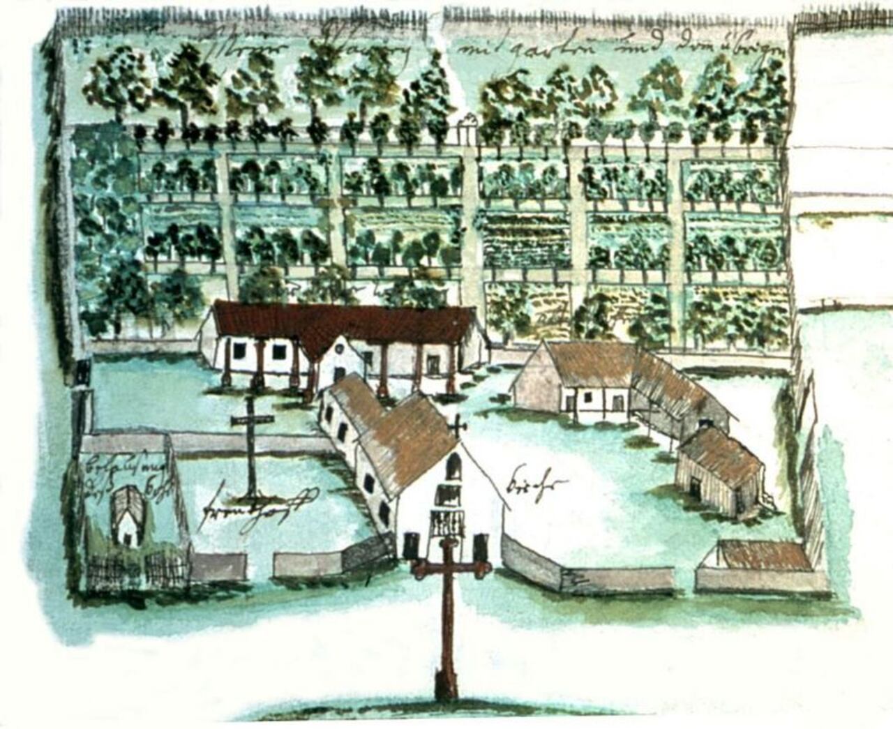 Todas las reducciones seguían un mismo patrón. (Ilustración del Códice Zwettler del padre jesuita Florian Baucke 1749-1767).