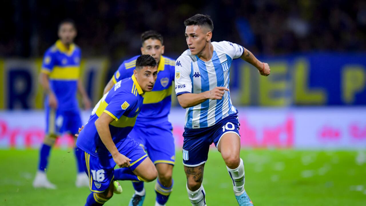 BUENOS AIRES, ARGENTINA - APRIL 29: Matias Rojas of Racing Club drives the ball during a Liga Profesional 2023 match between Boca Juniors and Racing Club at Estadio Alberto J. Armando on April 29, 2023 in Buenos Aires, Argentina. (Photo by Marcelo Endelli/Getty Images)