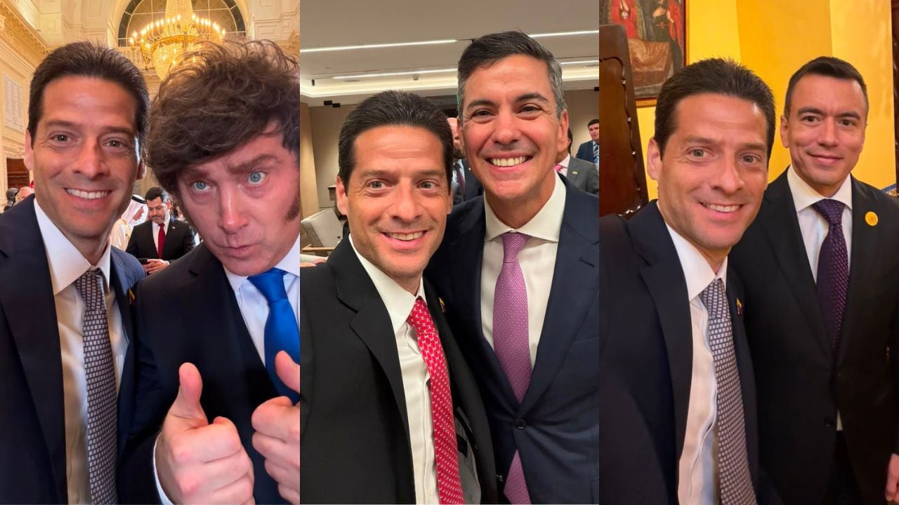 El ministro de Comercio designado, Mauricio Gómez Amín (izquierda en cada foto), en compañía (de izquierda a derecha) del presidente de Argentina (Javier Milei), del jefe de Estado de Paraguay (Santiago Peña) y el mandatario de Ecuador (Daniel Noboa).