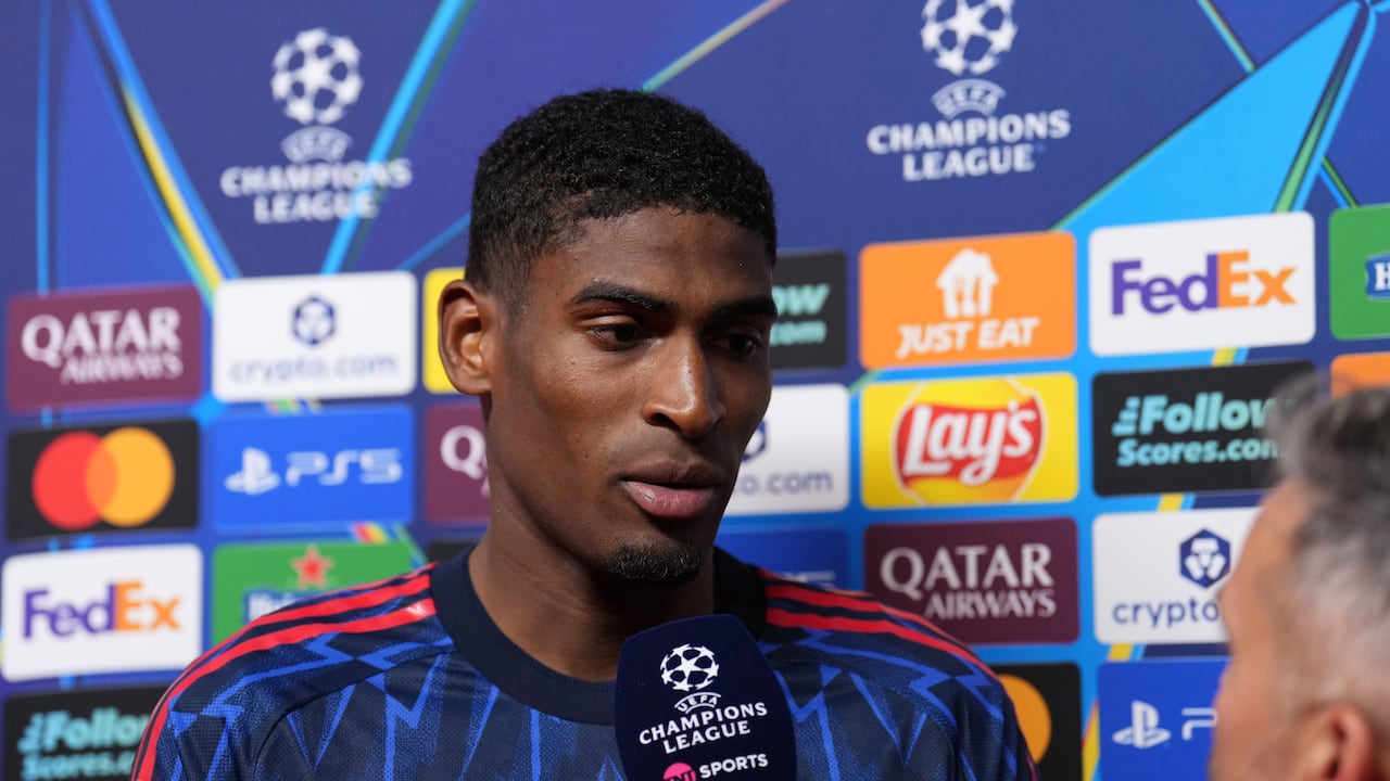 BILBAO, SPAIN - SEPTEMBER 16: Cristhian Mosquera of Arsenal speaks to the media after the team's victory in the UEFA Champions League 2025/26 League Phase MD1 match between Athletic Club and Arsenal FC at Estadio de San Mames on September 16, 2025 in Bilbao, Spain. (Photo by Juanma - UEFA/UEFA via Getty Images)