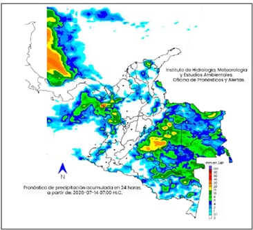 Mapa del clima en Colombia para el martes 14 de julio.
