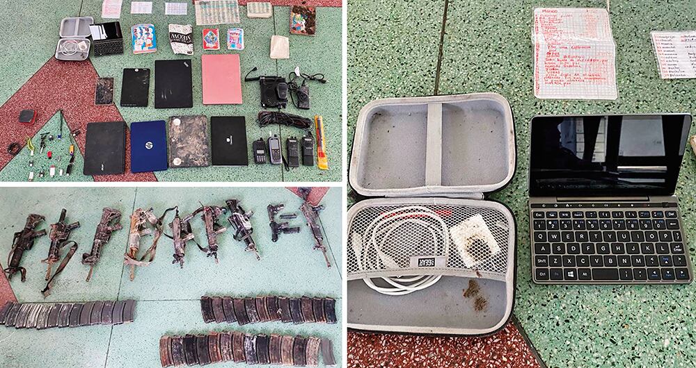  Cuando llegaron las tropas del Comando Conjunto de Operaciones Especiales encontraron computadores, tablets, memorias USB, teléfonos, cuadernos, documentos, fusiles, pistolas y uniformes de combate con insignias del ELN.