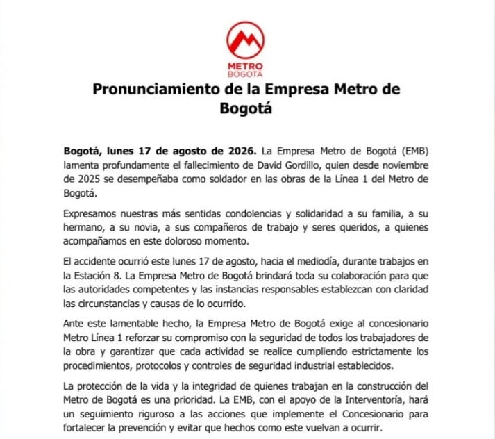 Metro Bogotá confirmó el fallecimiento.