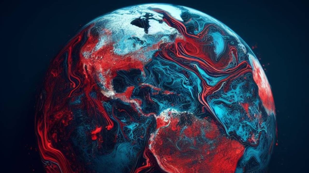 Ilustración creada con IA del planeta Tierra sangrando.