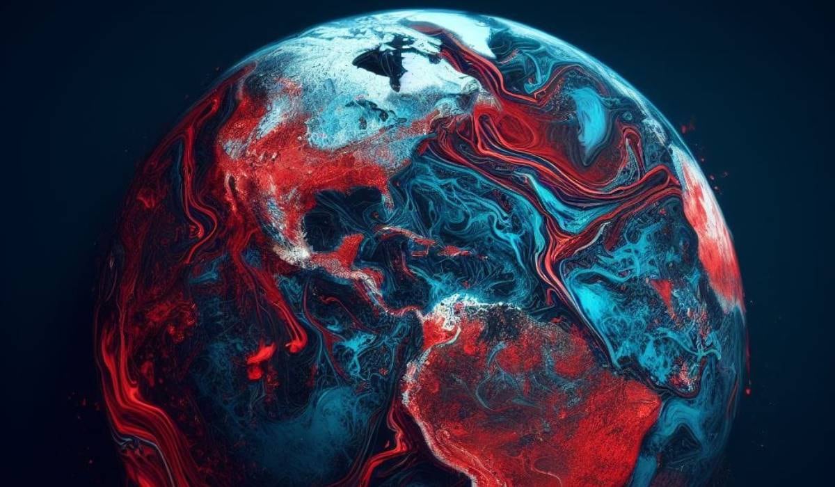 Ilustración creada con IA del planeta Tierra sangrando.