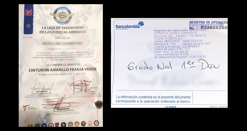 Diploma otorgado a particulares, pero con logos de la Liga de Taekwondo de las Fuerzas Armadas.  Recibos de pago para la entrega de certificados de ascenso en los grados de taekwondo, que los suboficiales siguen esperando.