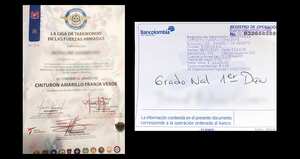 Diploma otorgado a particulares, pero con logos de la Liga de Taekwondo de las Fuerzas Armadas. Recibos de pago para la entrega de certificados de ascenso en los grados de taekwondo, que los suboficiales siguen esperando.