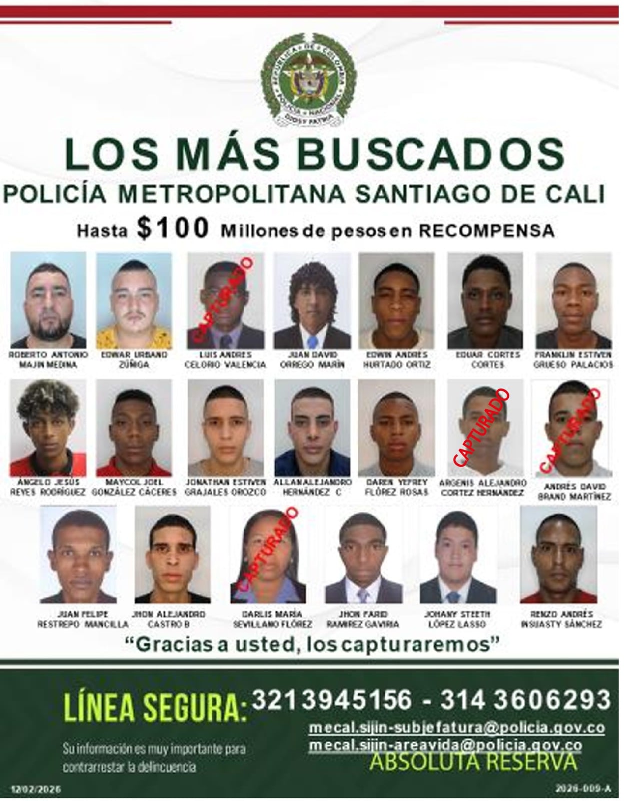 Golpe al crimen en Cali: siete detenidos por homicidios, incluidos dos de los más buscados