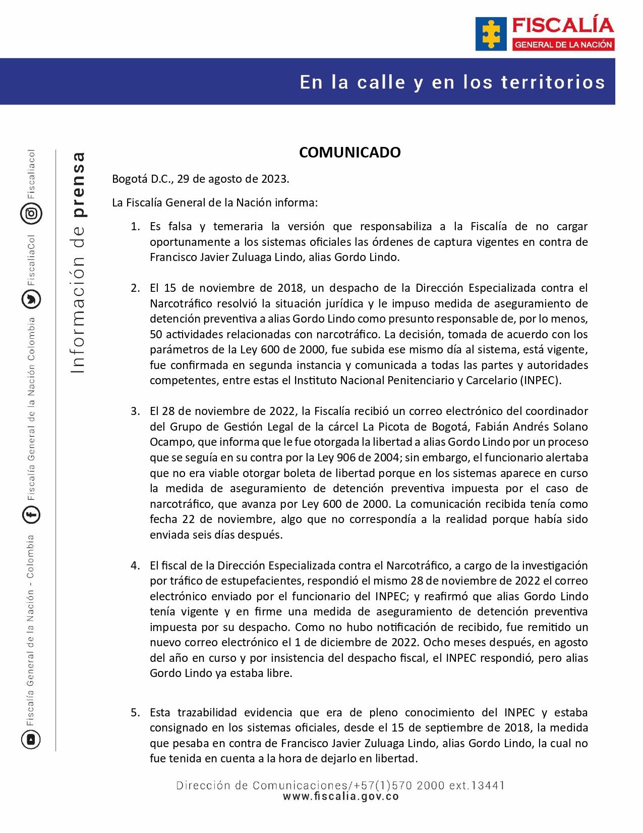 Comunicado de la Fiscalía General donde asegura que notificó a tiempo que 'Gordo Lindo' no podía quedar en libertad