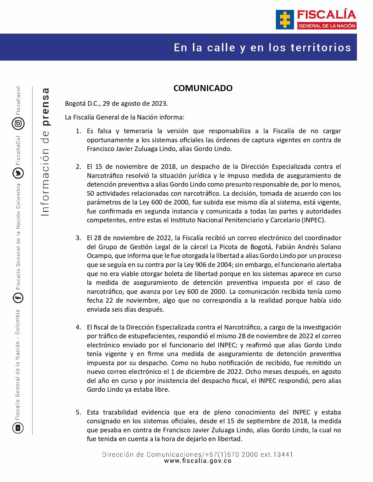 Comunicado de la Fiscalía General donde asegura que notificó a tiempo que 'Gordo Lindo' no podía quedar en libertad